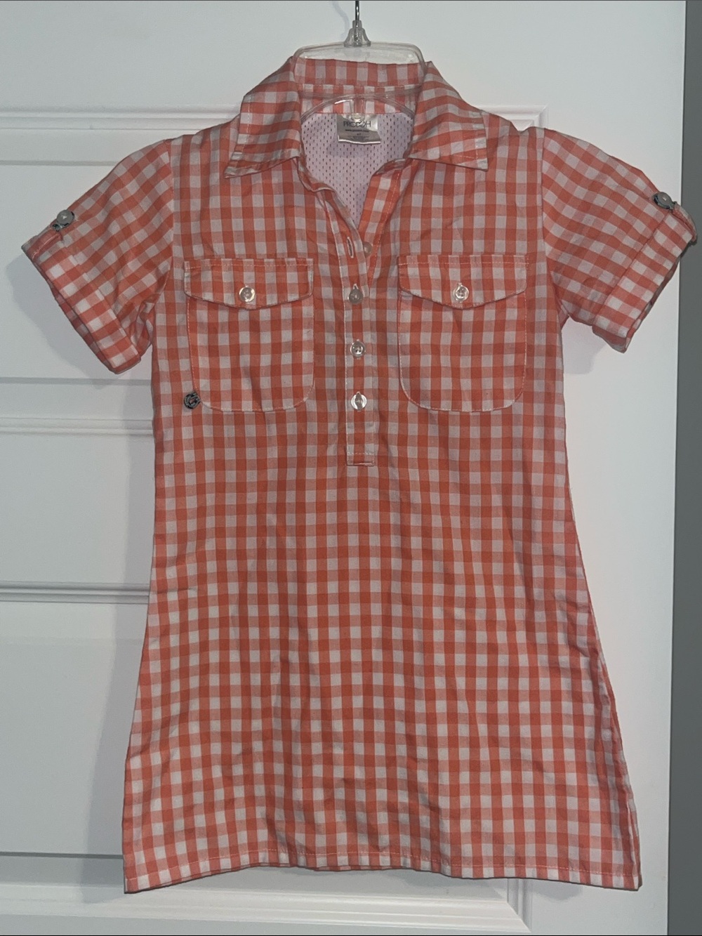 Prodoh Fishing Dress coral pink gingham plaid 4T preppy EUC fish embroidery